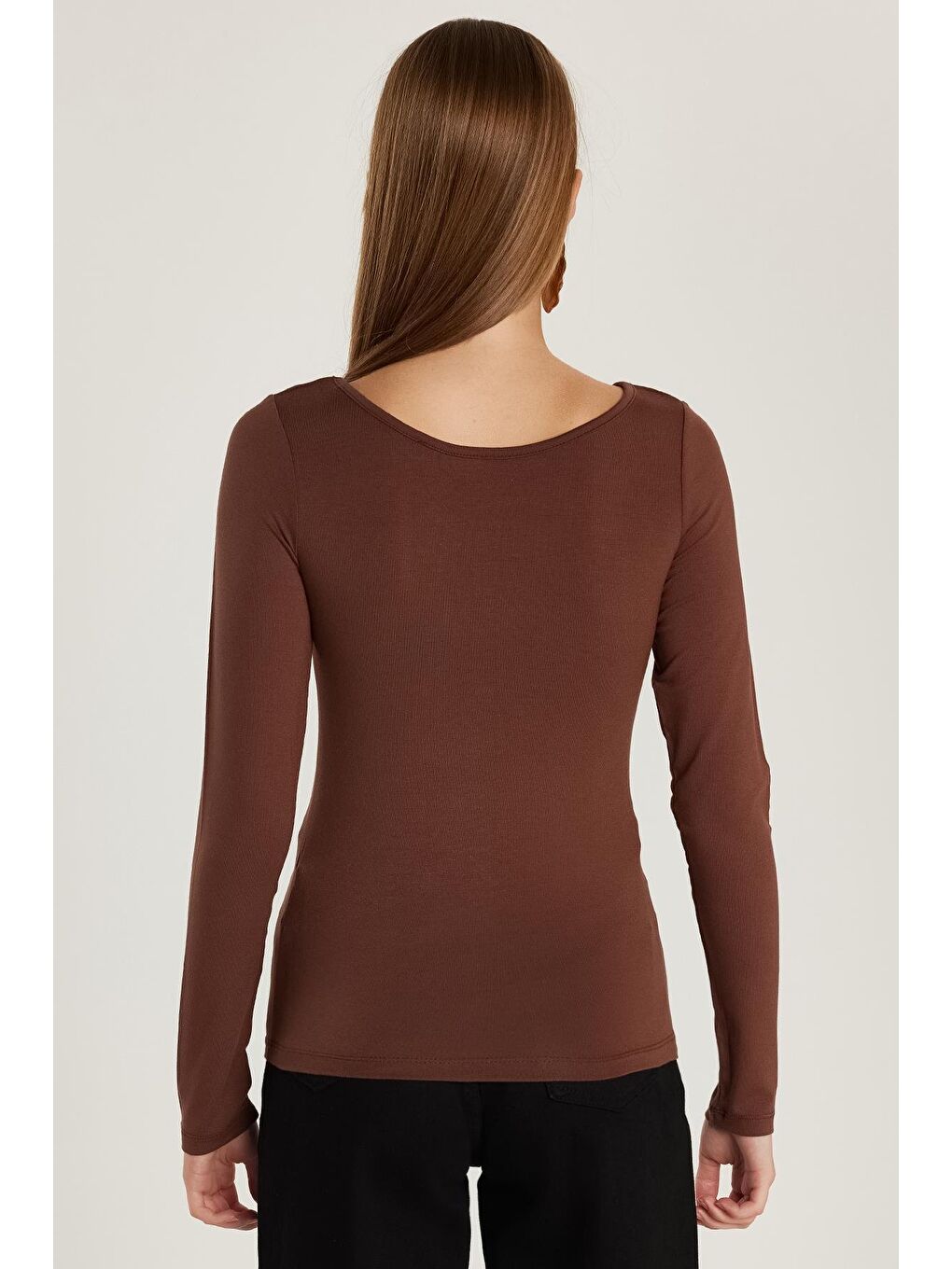 Kadın Slim Fit Dar Kesim Uzun Kollu Viskon Kahverengi Bluz-4