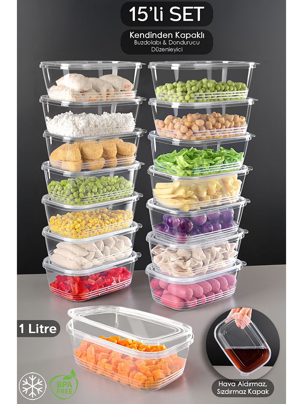Renksiz 15 Adet Sızdırmaz Kendinden Kapaklı Derin Dondurucuya Uygun Saklama Kabı Hava Almaz Düzenleyici 1lt
