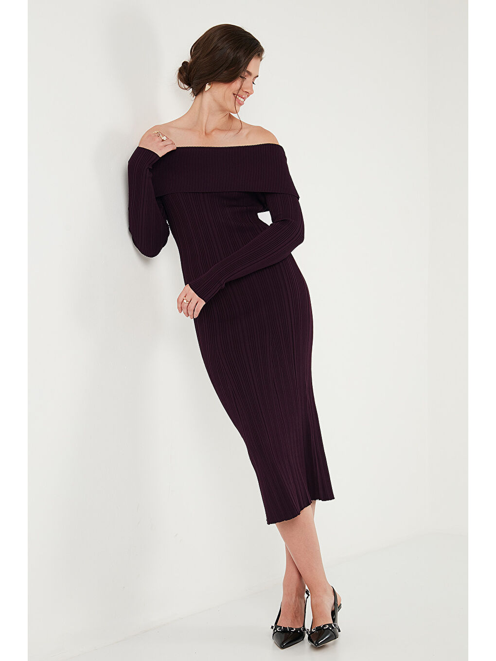 Mürdüm Premium Fitilli Carmen Yaka Slim Fit Midi Boy Triko Elbise 680EL00033-2