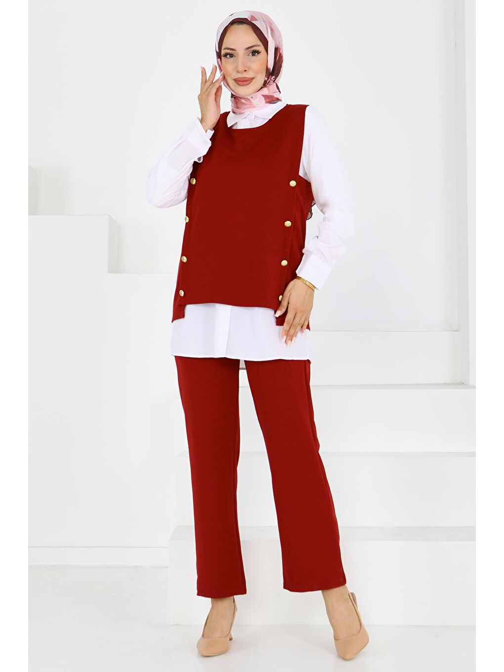 Düğmeli Süveter Pantolon Mira Takım Bordo - 27613-2