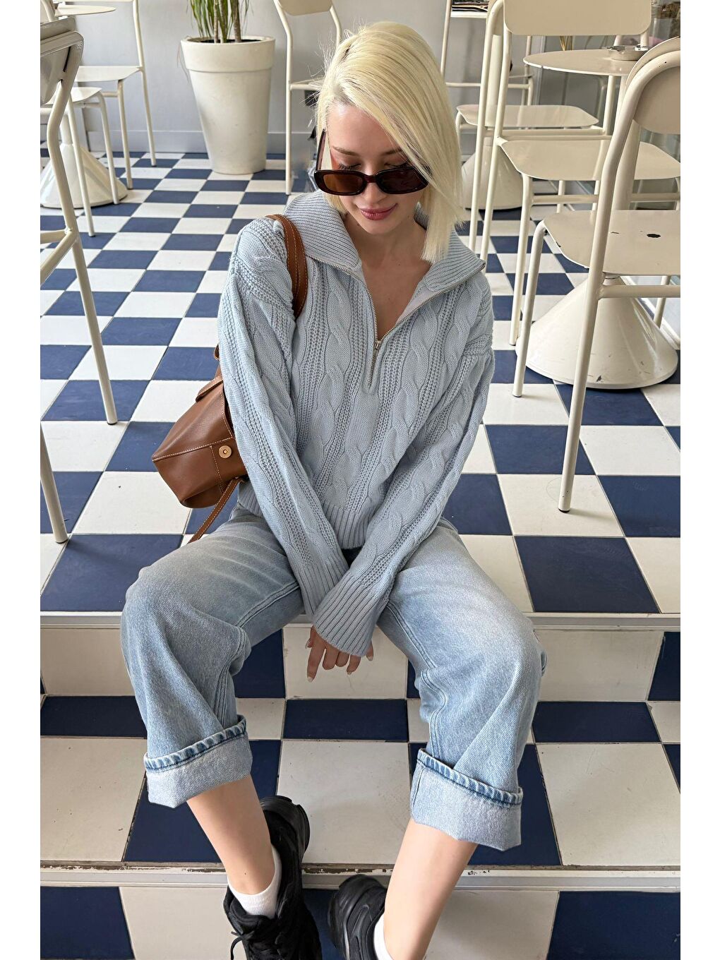 Bebe Mavisi Örgü Desenli Kadın Triko Kazak Mg2546-8