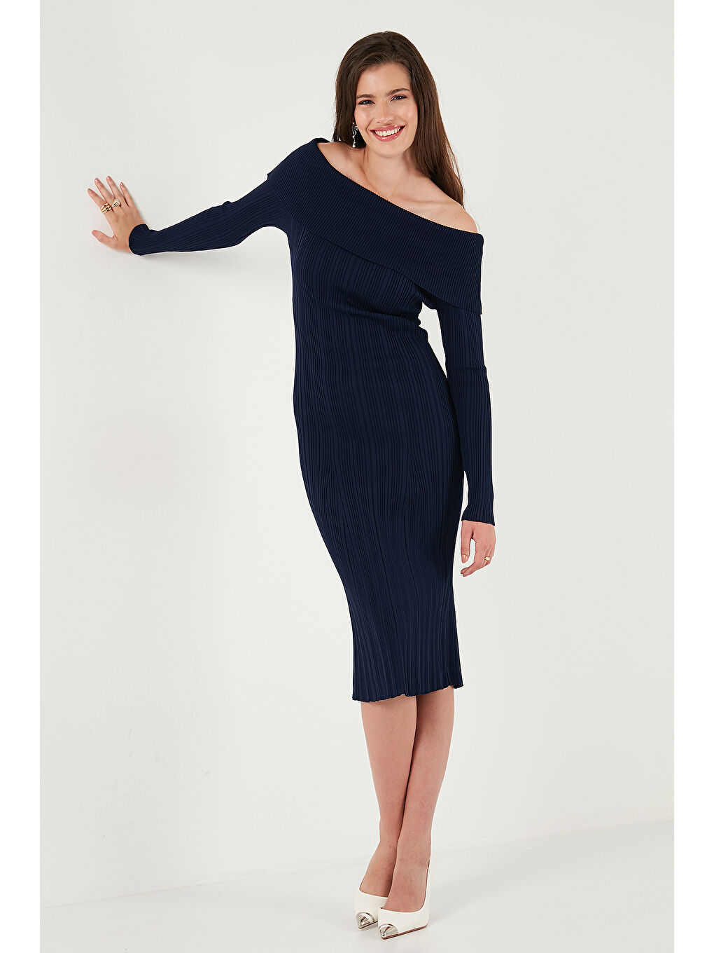 Lacivert Premium Fitilli Carmen Yaka Slim Fit Midi Boy Triko Elbise 680EL00033-5