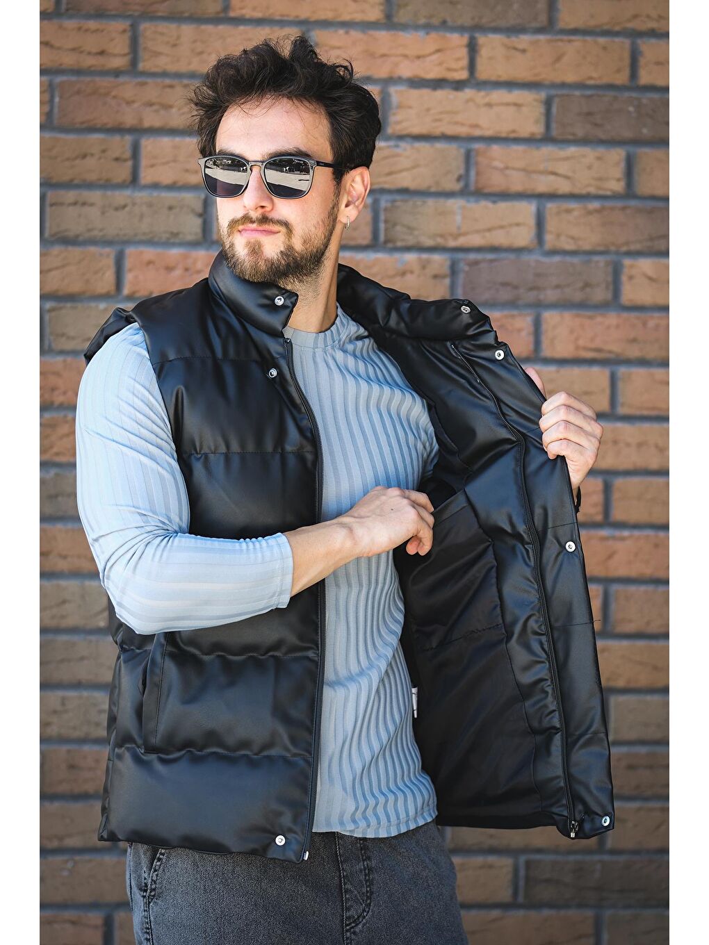 Siyah Oxfo Suya Dayanıklı Cepli Dik Yaka Erkek Şişme Deri Yelek-3