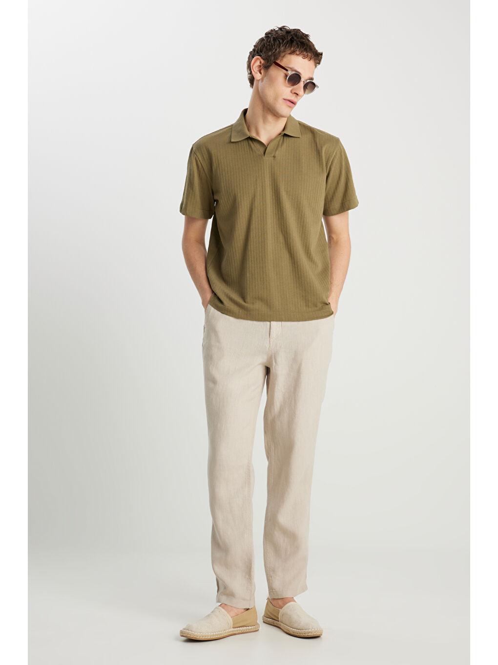 Relaxed Fit Geniş Kesim Haki Polo Tişört-2