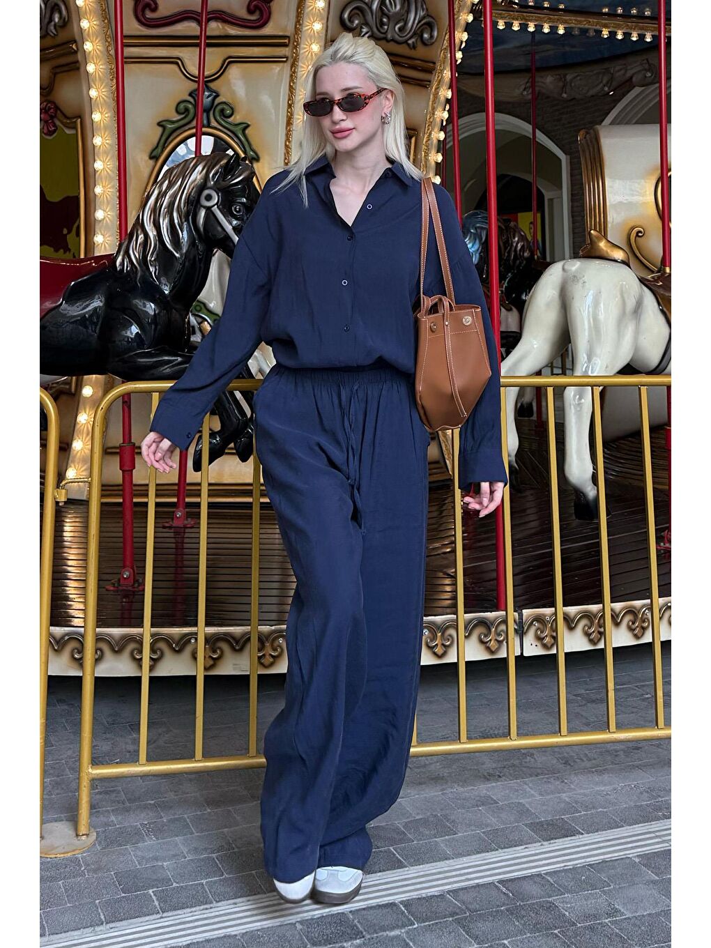 Lacivert Basic Kadın Gömlek Pantolon İkili Takım Mg2352-6