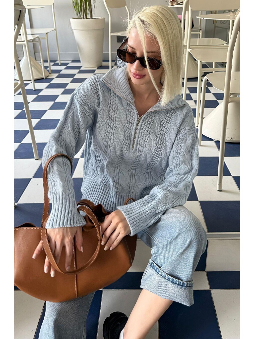 Bebe Mavisi Örgü Desenli Kadın Triko Kazak Mg2546-9