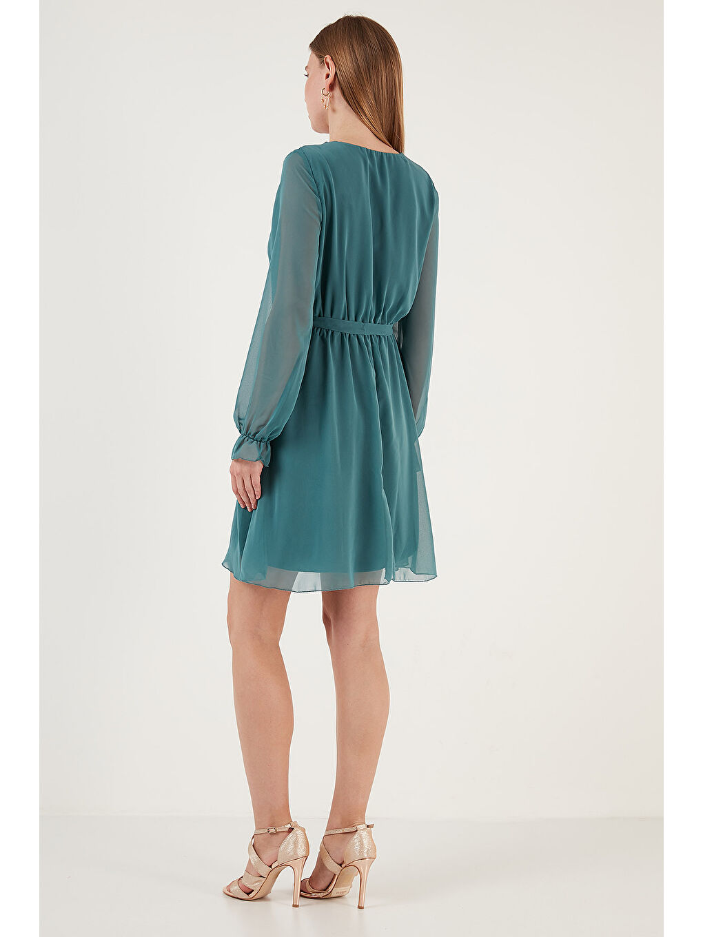 Yeşil Kruvaze Yaka Bağlama Detaylı Şifon Mini Elbise 6051467-5