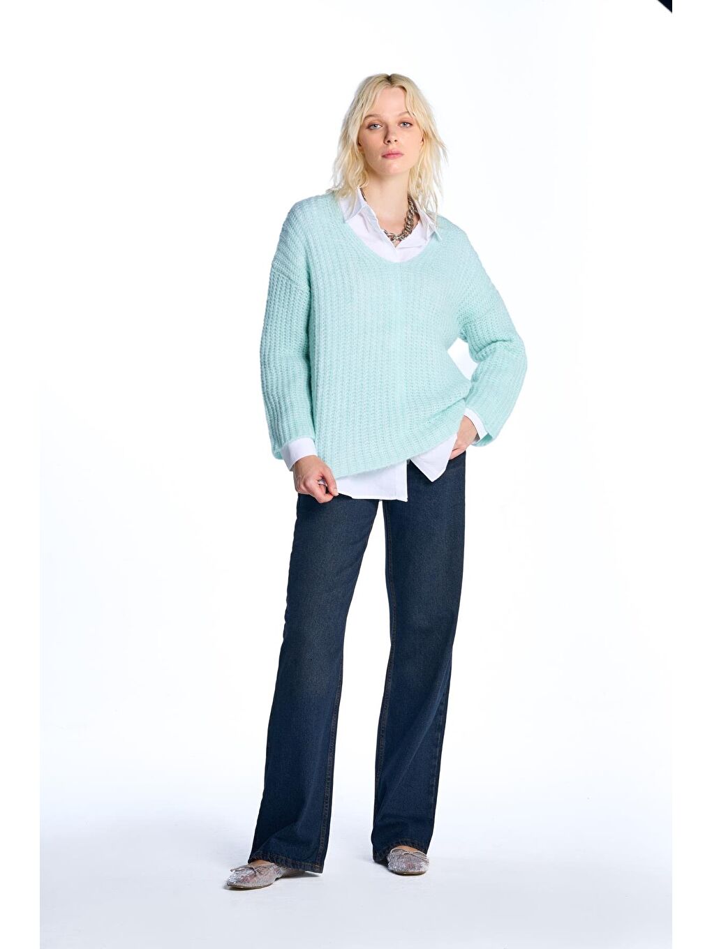 Yeşil Mint V Yaka Triko Kazak-3