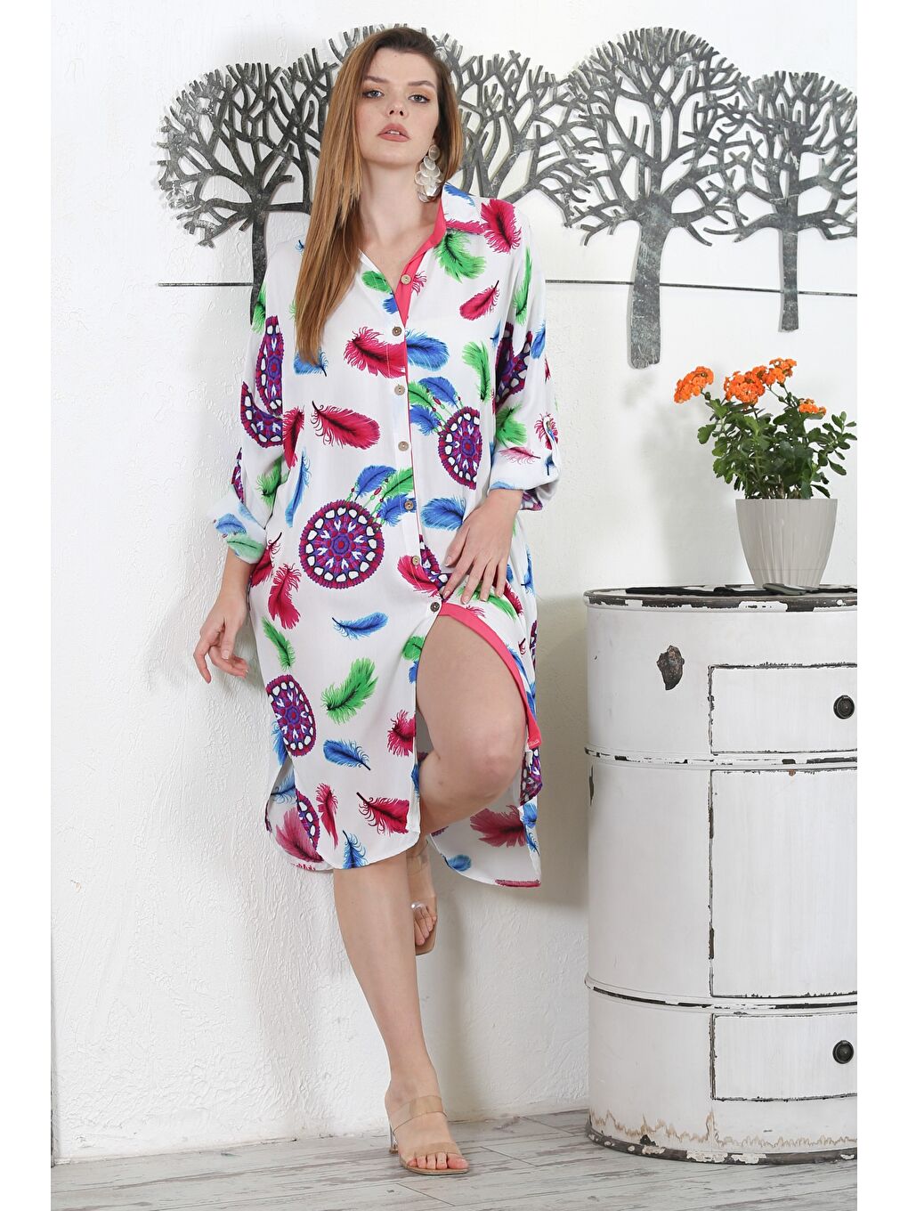 Beyaz-Bordo Gömlek Yaka Uzun Kol Düğmeli Gizli Cepli Allover Baskılı Dokuma Casual Elbise-1