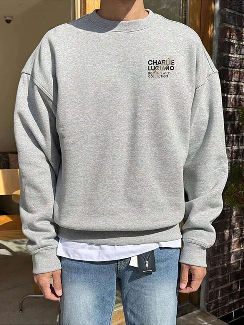 Erkek Gri Luciano Baskılı Oversize Uzun Kollu Sweatshirt