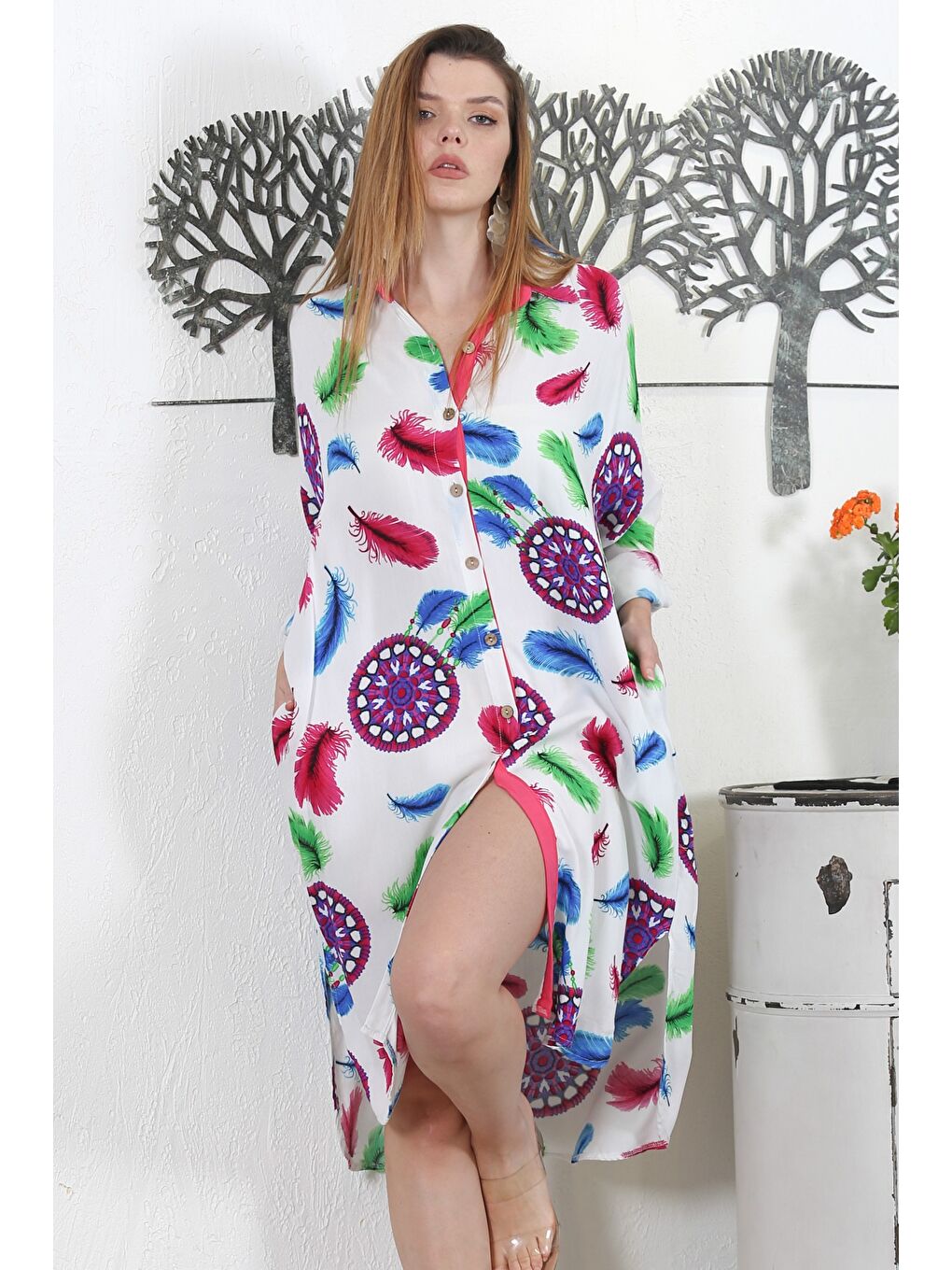 Beyaz-Bordo Gömlek Yaka Uzun Kol Düğmeli Gizli Cepli Allover Baskılı Dokuma Casual Elbise-2