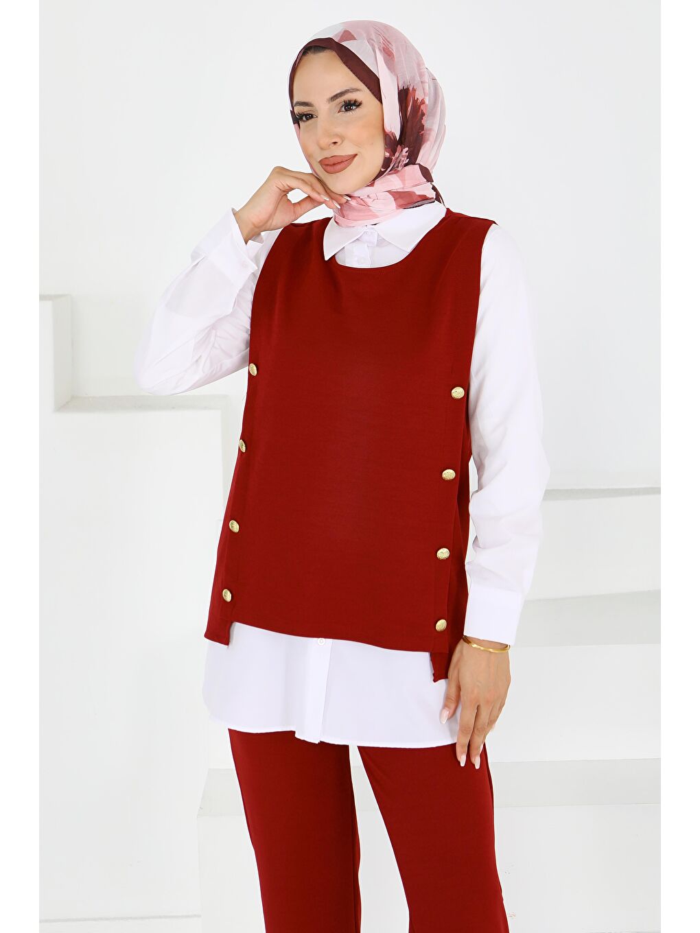 Düğmeli Süveter Pantolon Mira Takım Bordo - 27613-3