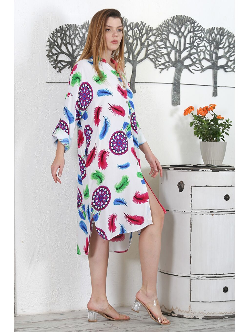 Beyaz-Bordo Gömlek Yaka Uzun Kol Düğmeli Gizli Cepli Allover Baskılı Dokuma Casual Elbise-3