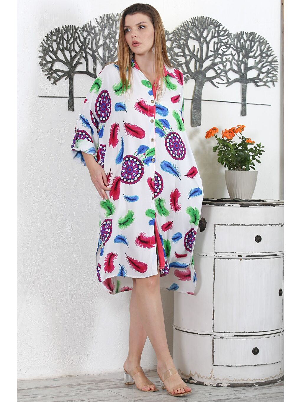 Beyaz-Bordo Gömlek Yaka Uzun Kol Düğmeli Gizli Cepli Allover Baskılı Dokuma Casual Elbise-4