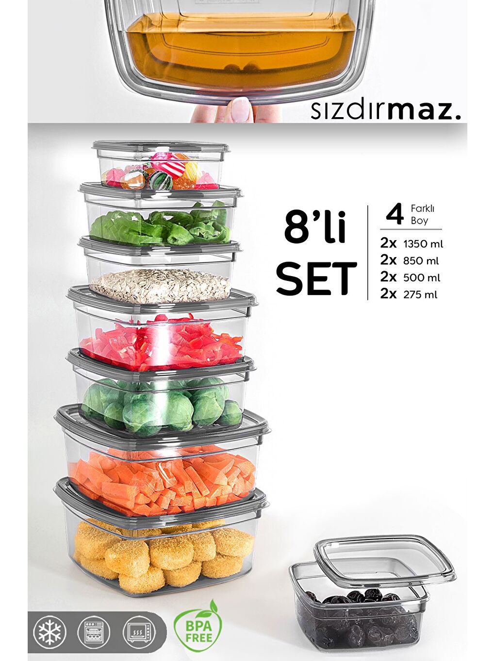 8 li Kare Sızdırmaz Saklama Kabı Seti Düzenleyici Erzak Kabı 2x 275 500 850 1350 ml Antrasit