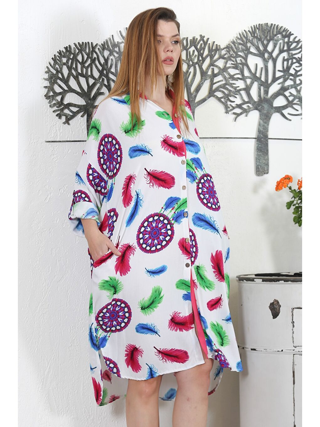 Beyaz-Bordo Gömlek Yaka Uzun Kol Düğmeli Gizli Cepli Allover Baskılı Dokuma Casual Elbise-5