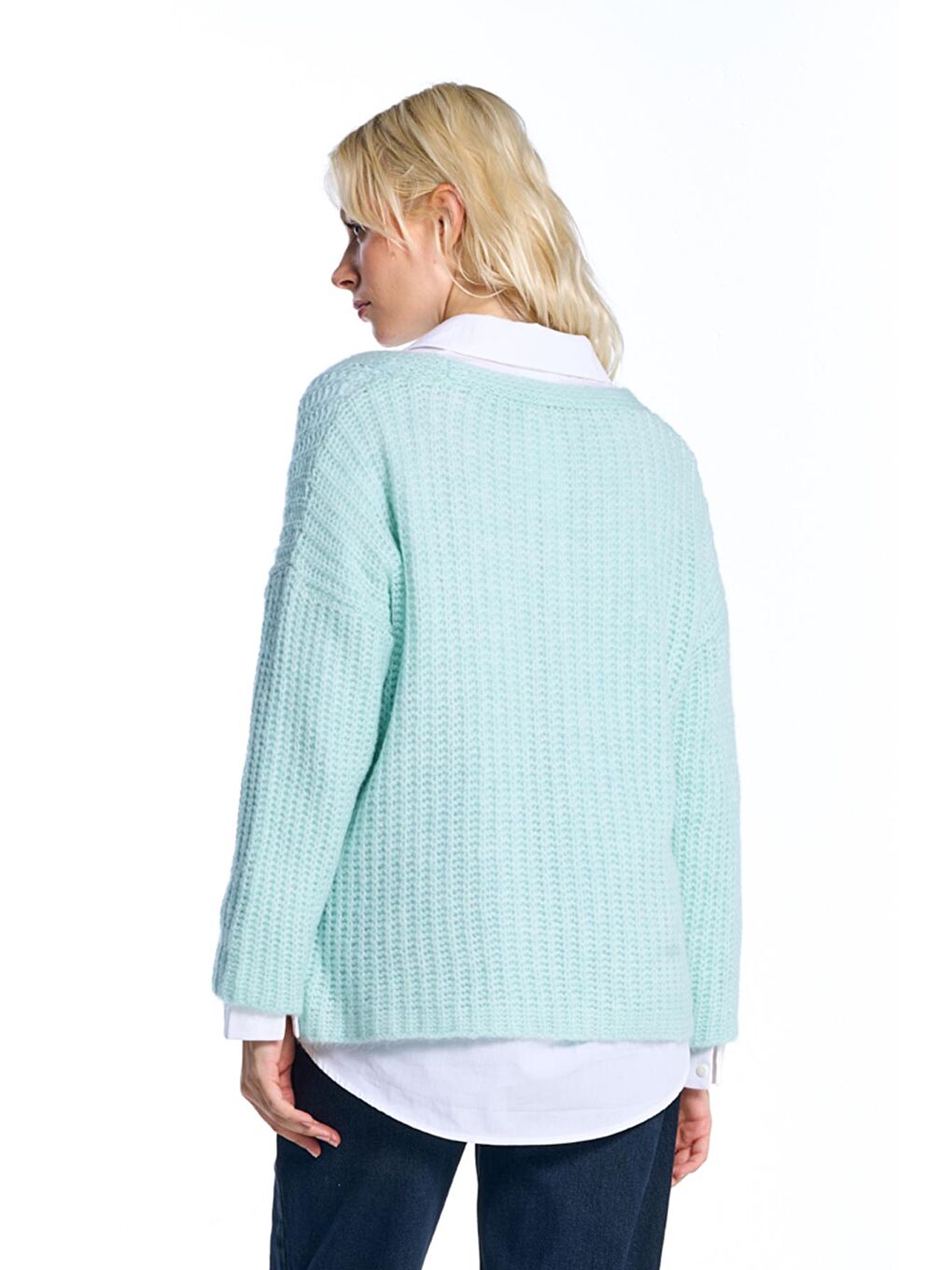 Yeşil Mint V Yaka Triko Kazak-4