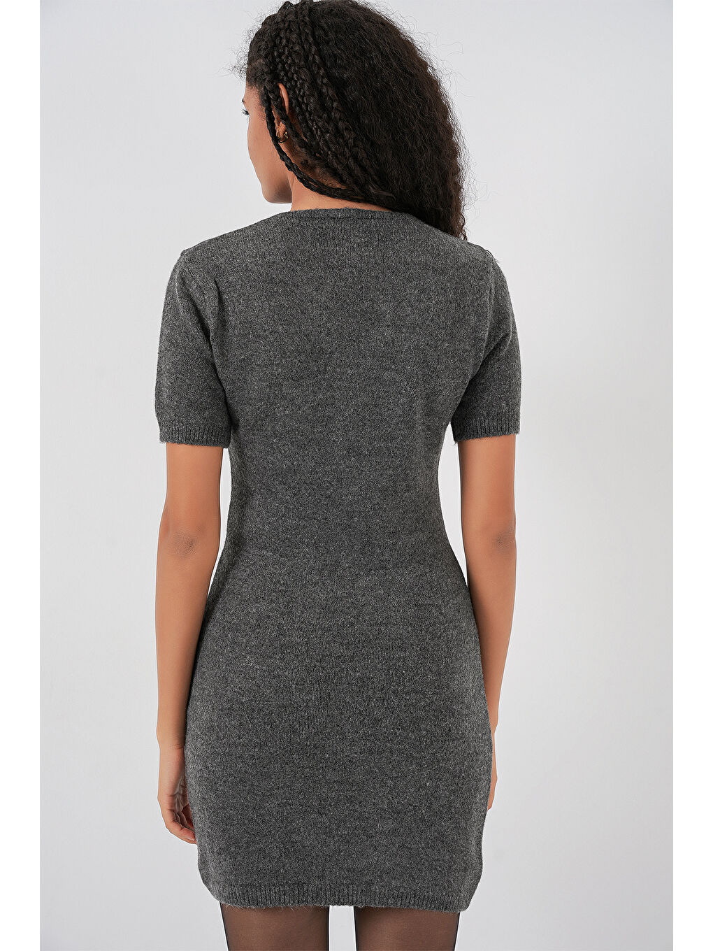 Kadın Kolye Detaylı Triko Elbise 15989 - Antrasit-5