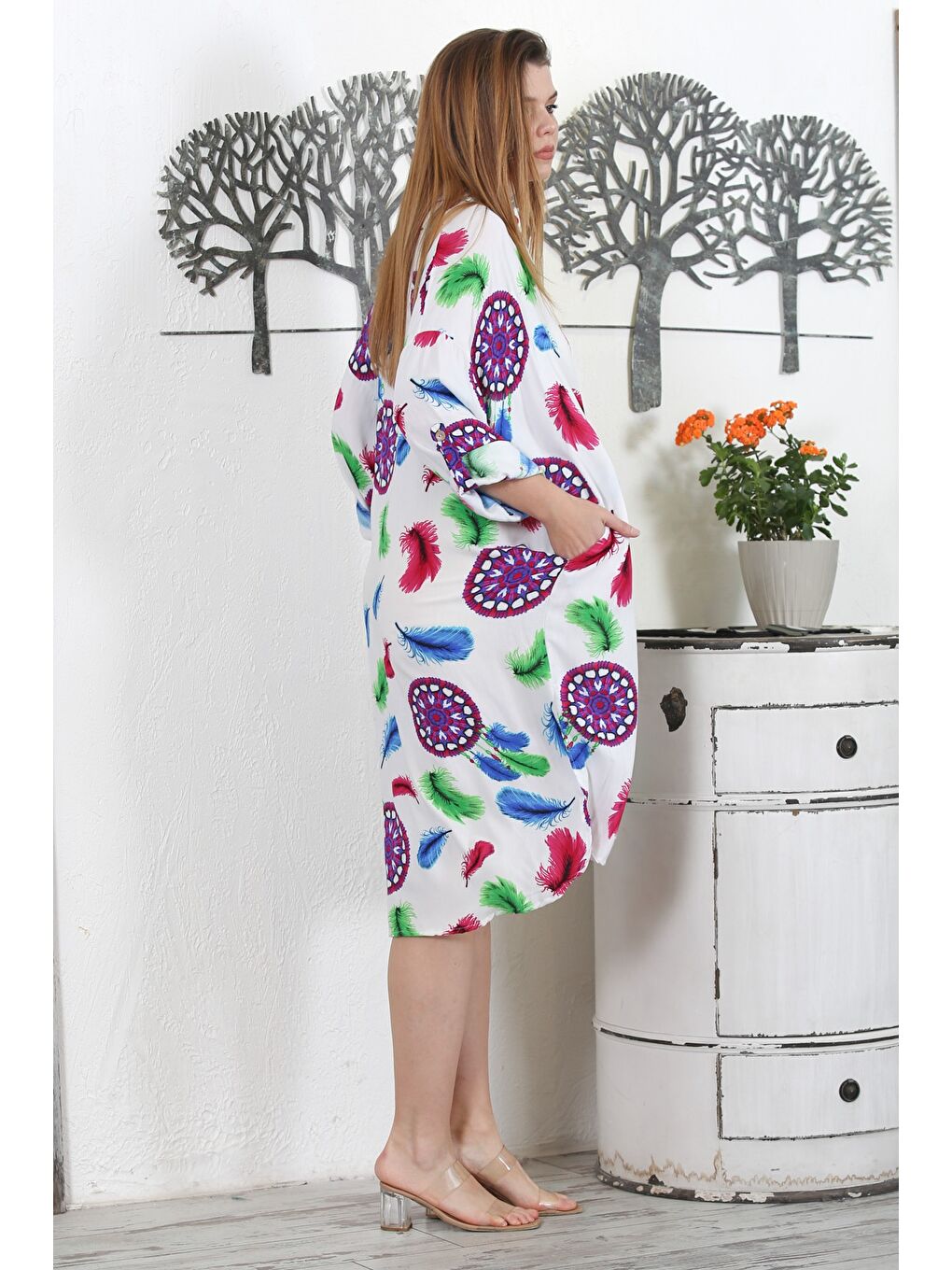 Beyaz-Bordo Gömlek Yaka Uzun Kol Düğmeli Gizli Cepli Allover Baskılı Dokuma Casual Elbise-6