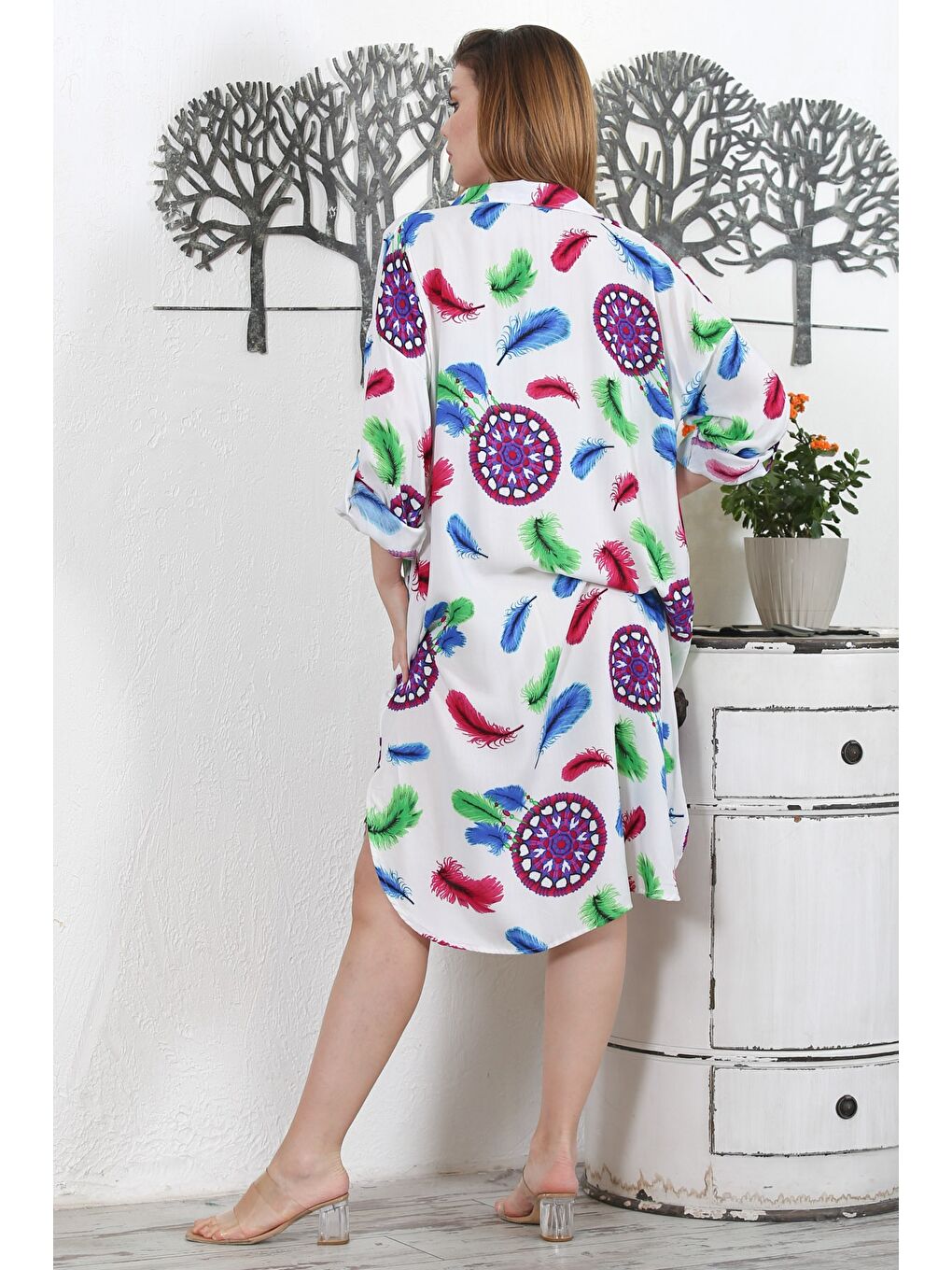 Beyaz-Bordo Gömlek Yaka Uzun Kol Düğmeli Gizli Cepli Allover Baskılı Dokuma Casual Elbise-8