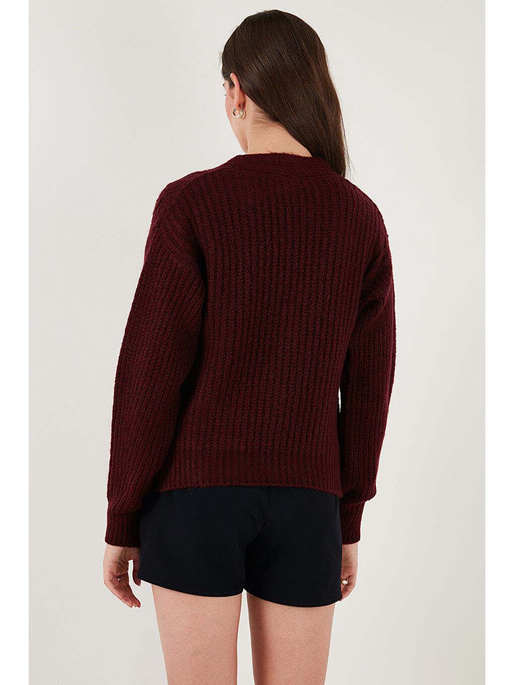 Bordo Premium Regular Fit V Yaka Fiyonk Bağlama Detaylı Örgü Desenli Triko Hırka 680KZ1947-6