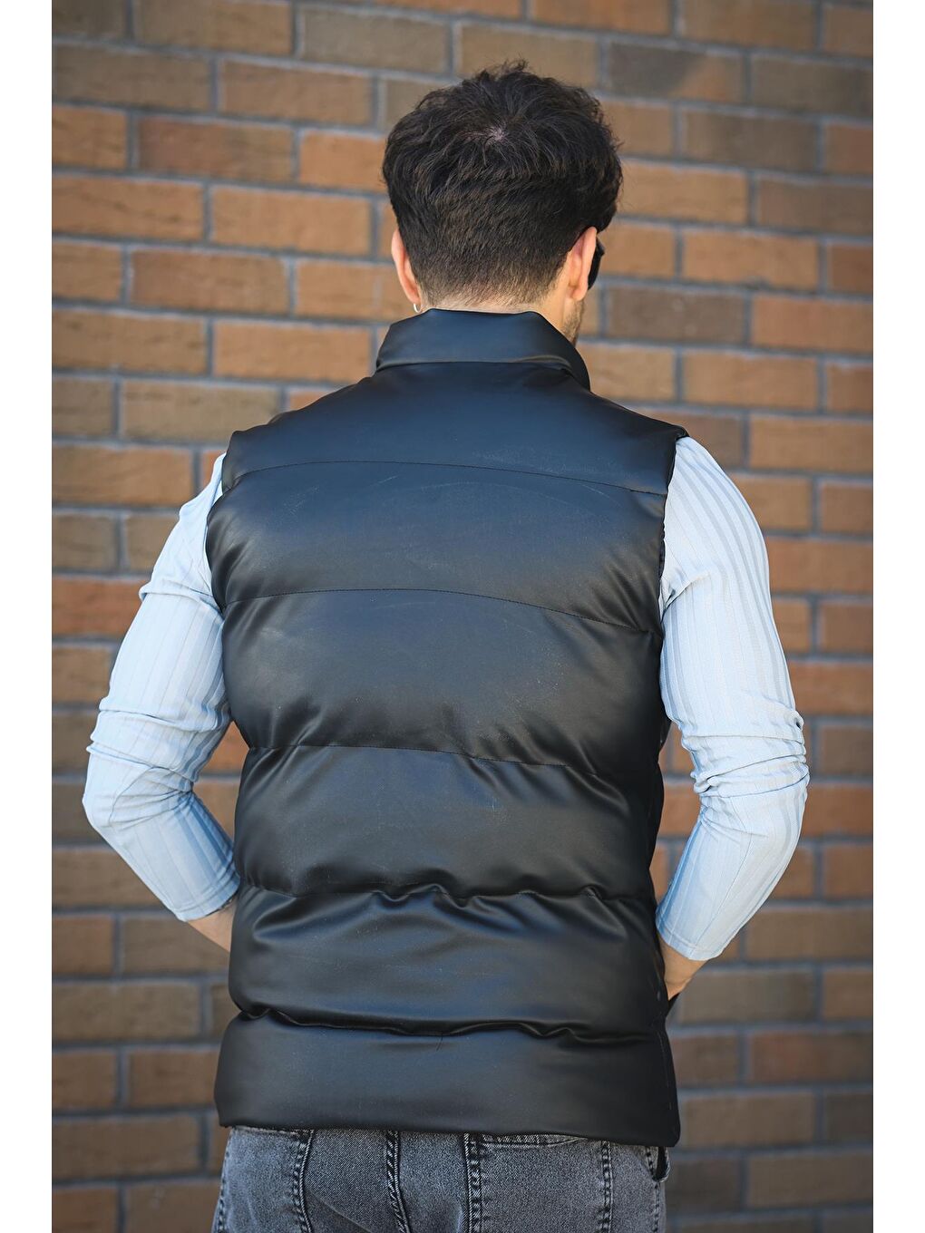 Siyah Oxfo Suya Dayanıklı Cepli Dik Yaka Erkek Şişme Deri Yelek-5