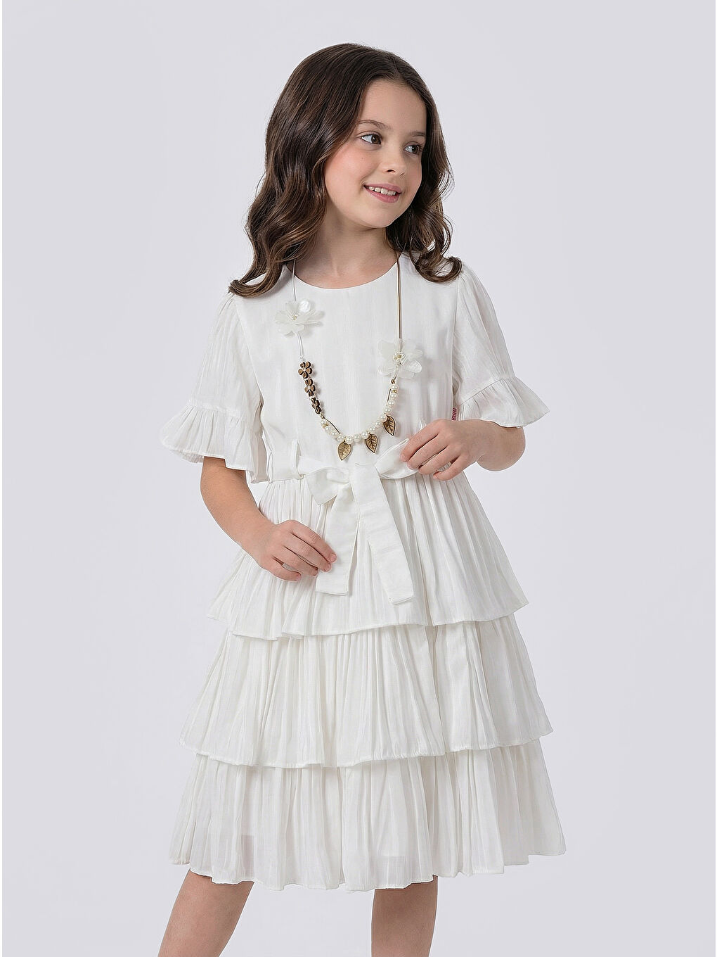 Beyaz Kız Çocuk  Eteği Katlı Kısa Kollu Kolyeli Elbise-2