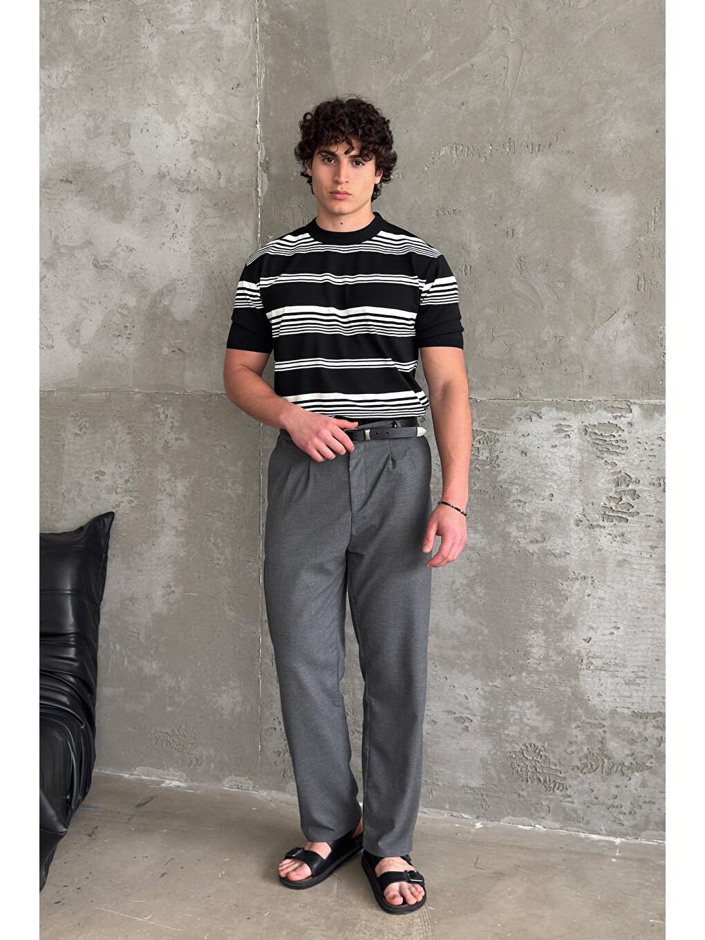 Siyah Erkek Bisiklet Yaka Oversize Çizgili Triko T-shirt-4