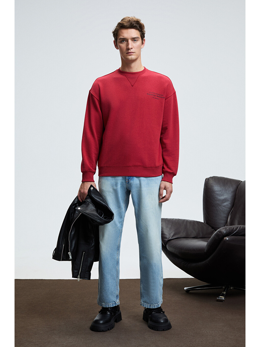 Caspıan Erkek %100 Pamuk Bisiklet Yaka Karyoka Dikişli Baskılı Kırmızı Sweatshirt-2