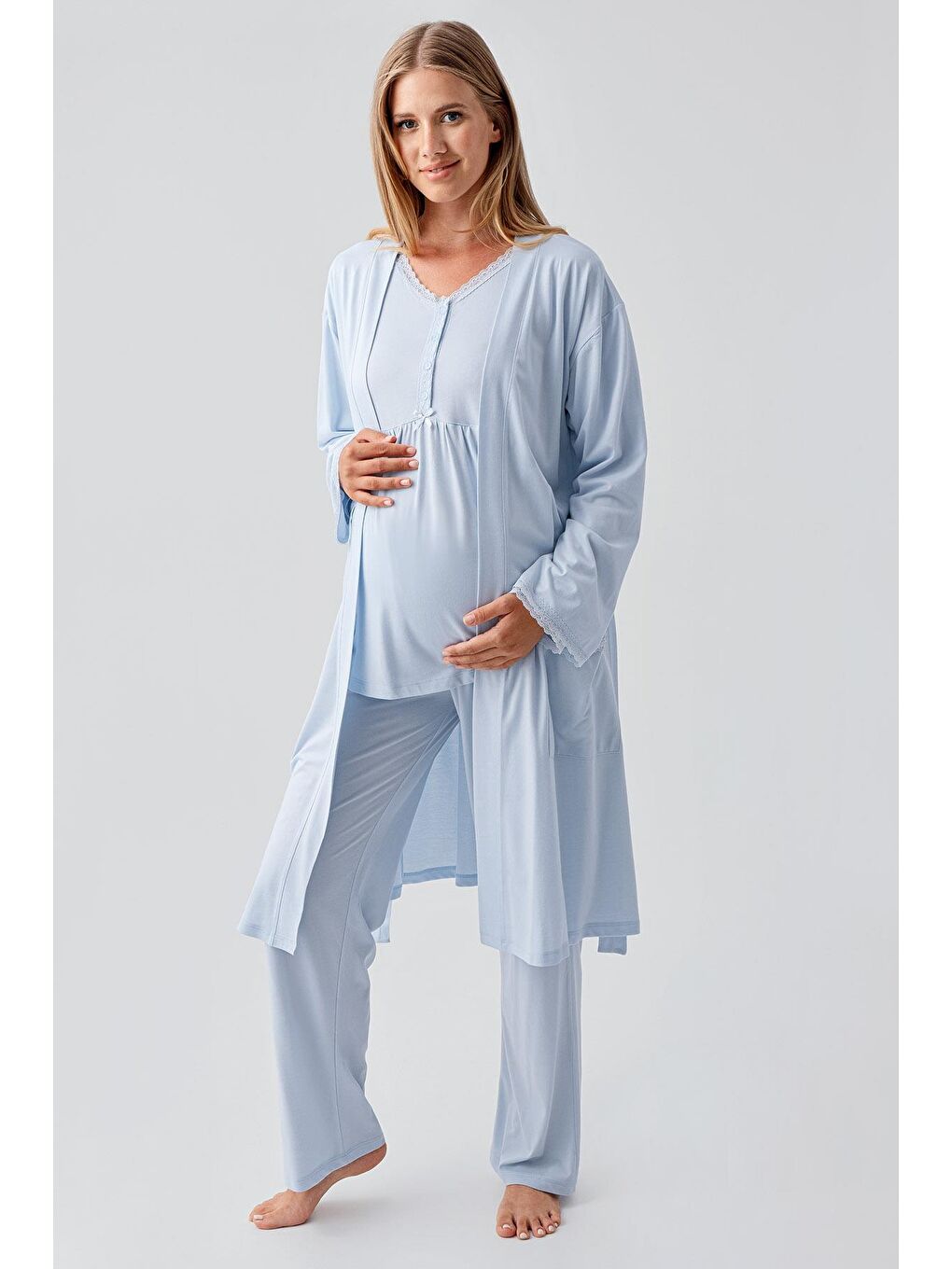 Mavi Uzun Kollu Düğmeli Esnek Viskoz Hamile Sabahlık Pijama Takım 18302