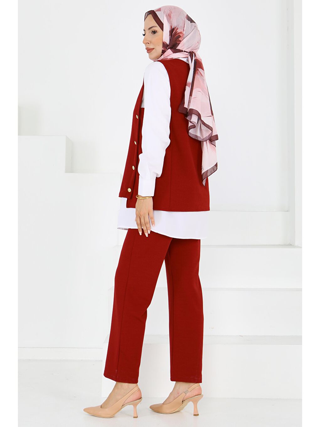 Düğmeli Süveter Pantolon Mira Takım Bordo - 27613-4