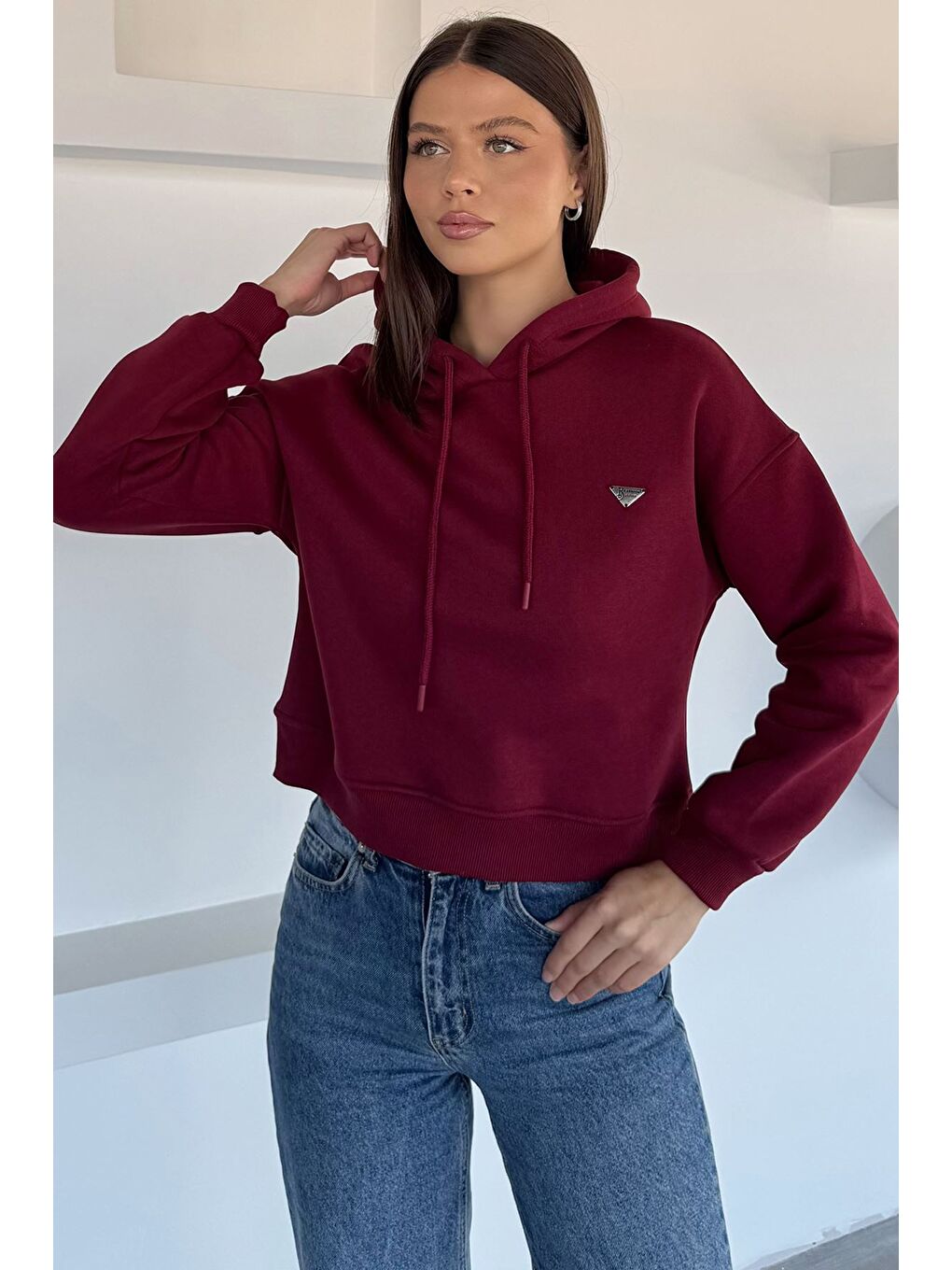 Bordo Kadın Kapüşonlu Üç İplik Şardonlu Crop Top Sweatshirt-1