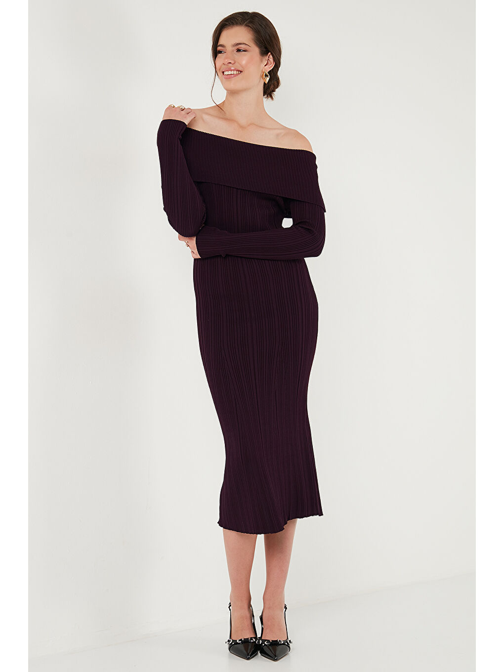 Mürdüm Premium Fitilli Carmen Yaka Slim Fit Midi Boy Triko Elbise 680EL00033-5