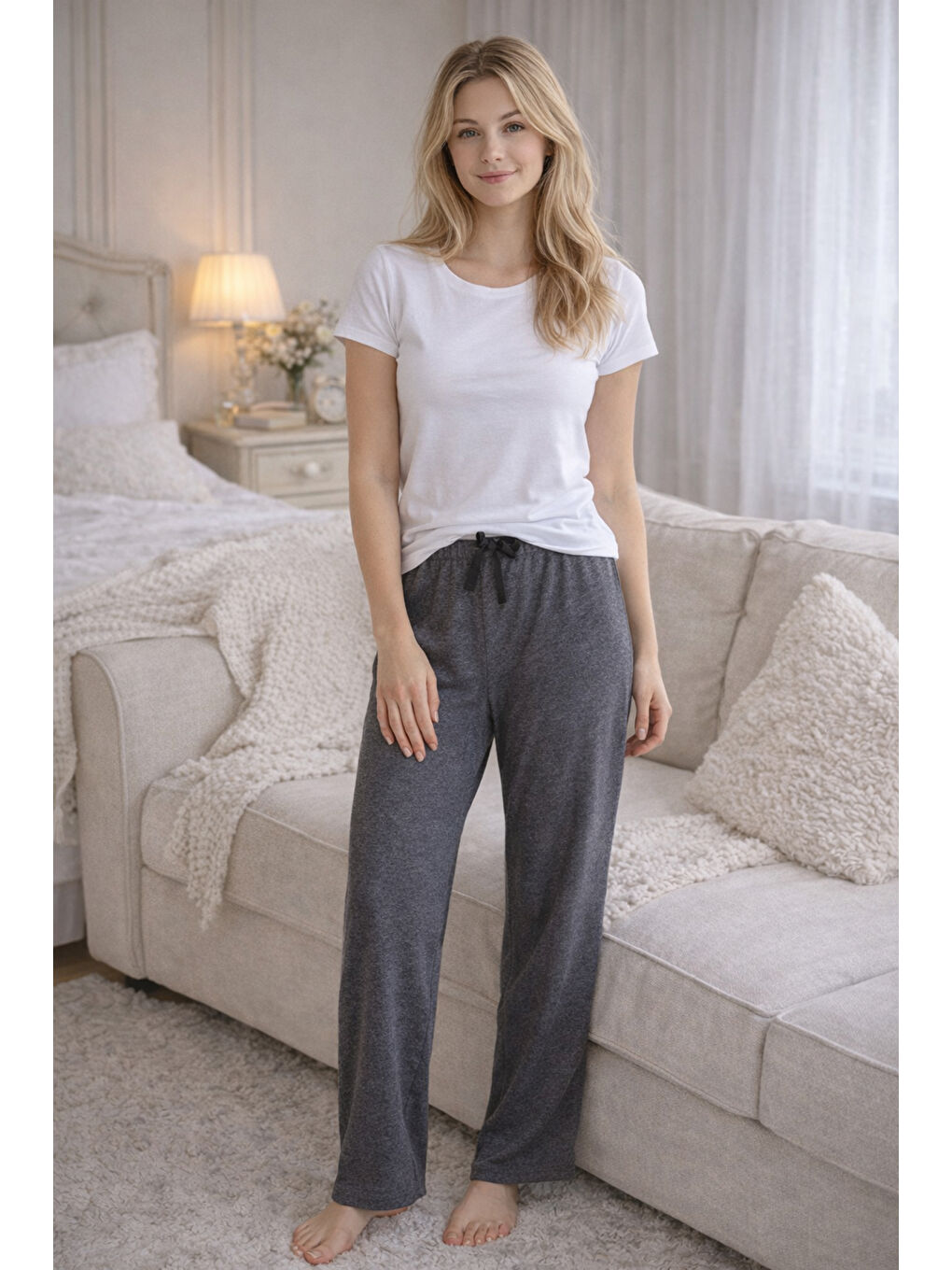 Gri Kadın Yumoş Kumaş Tek Pijama Alt 27 Füme