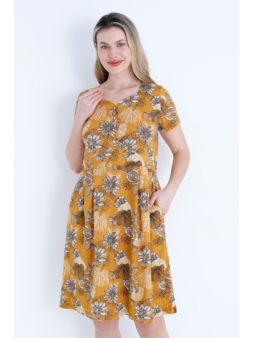 Turuncu Kadın Düğmeli Desenli Cepli Kısa Kollu Pamuklu Elbise-1