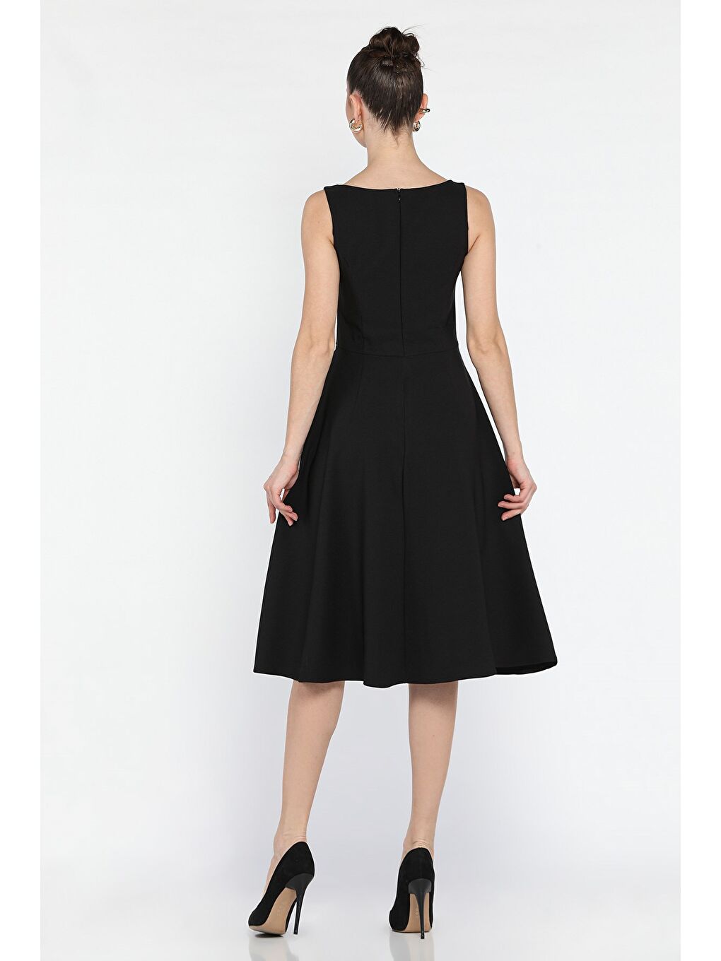 Siyah Kadın Fermuarlı Cepli Kolsuz Elbise-2