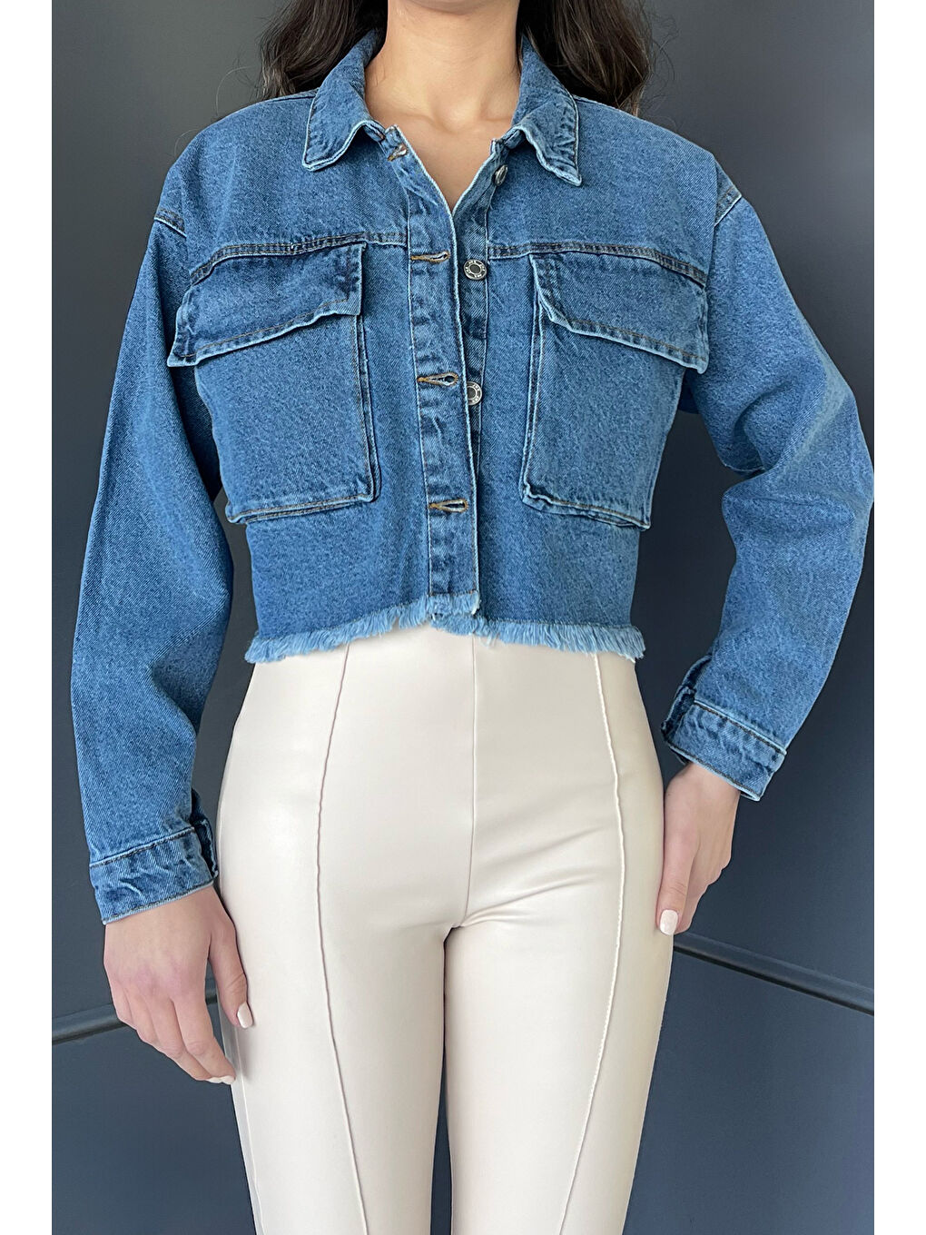 GÜLSELİ Lacivert Çift Cepli Bitiş Püskül Detaylı Kadın Crop Top Jean Jean Ceket - 2