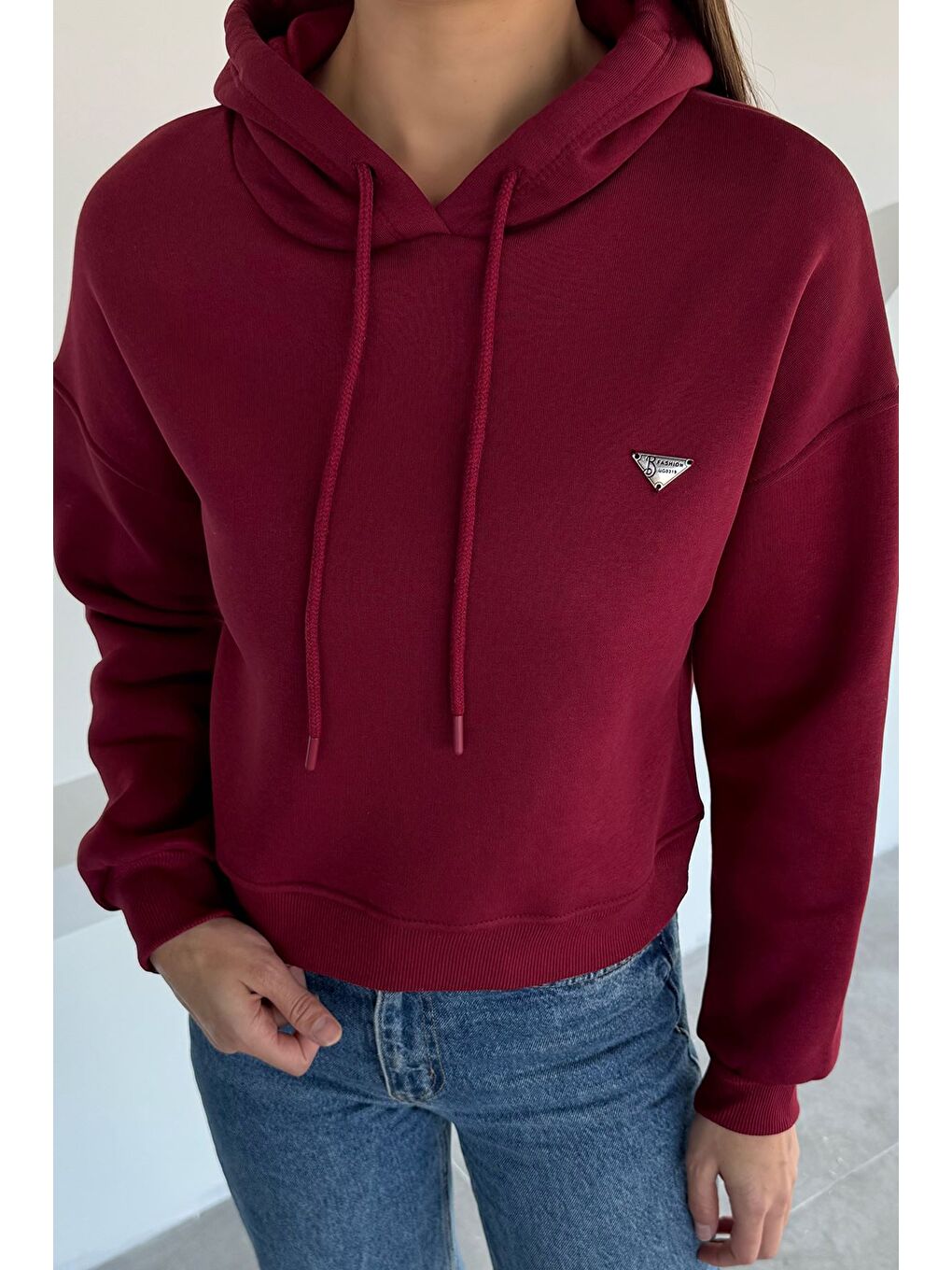 Bordo Kadın Kapüşonlu Üç İplik Şardonlu Crop Top Sweatshirt-2
