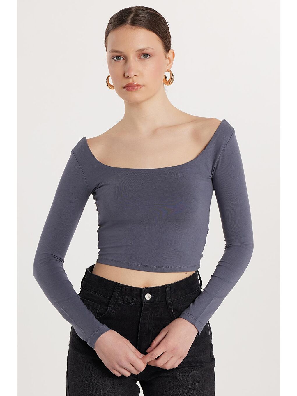 Kadın Slim Fit Dar Kesim Pamuklu Kayık Yaka Antrasit Bluz-3