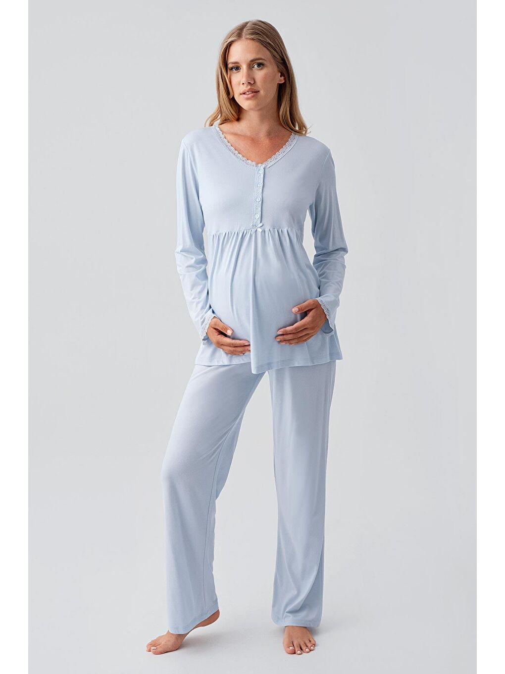 Mavi Uzun Kollu Düğmeli Esnek Viskoz Hamile Sabahlık Pijama Takım 18302-1