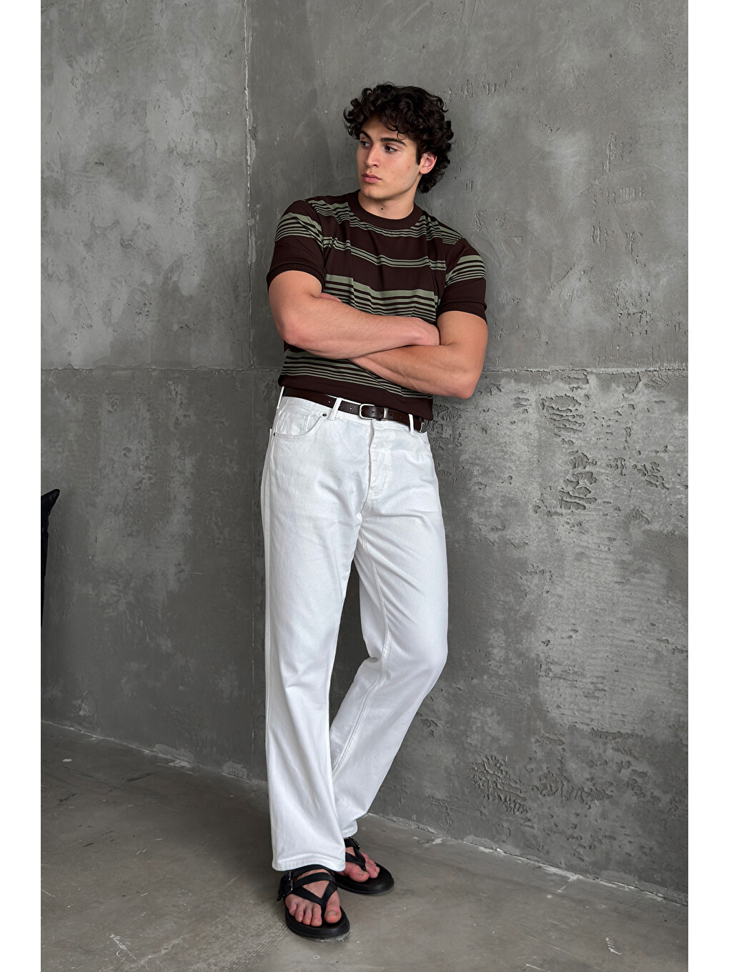 Kahverengi Erkek Bisiklet Yaka Oversize Çizgili Triko T-shirt-2