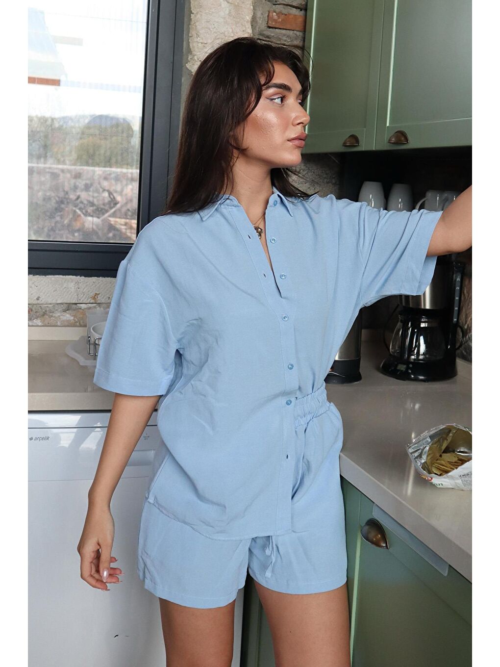 Bebe Mavisi Basic Kadın Şort Gömlek Takım Mg2361-1