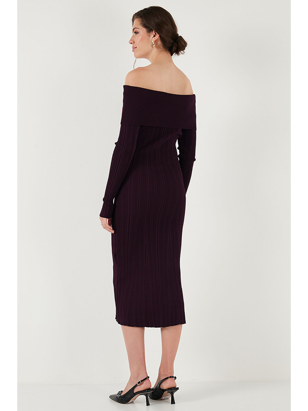 Mürdüm Premium Fitilli Carmen Yaka Slim Fit Midi Boy Triko Elbise 680EL00033-6