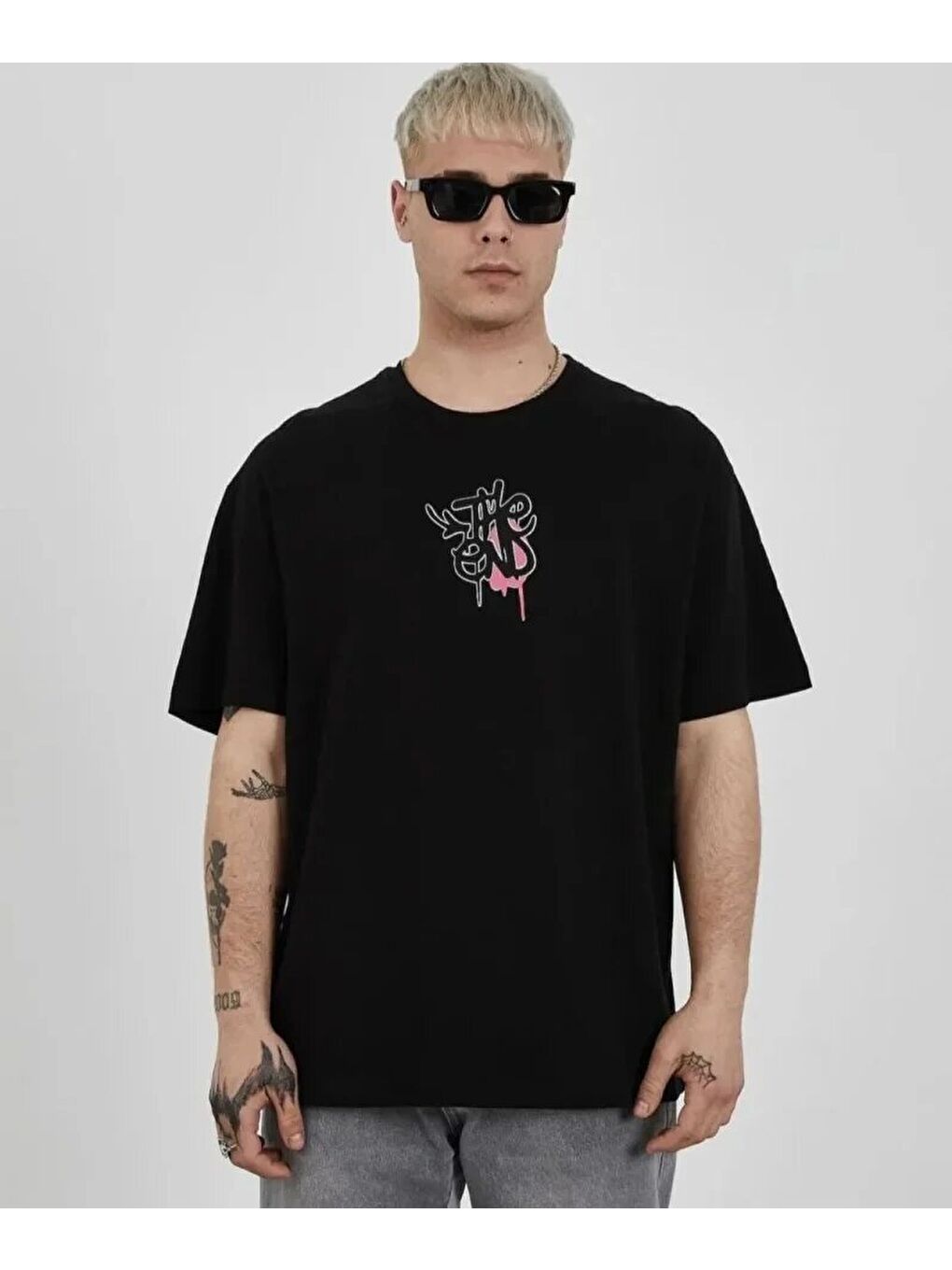 Unisex Bisiklet Yaka Baskılı Oversize T-Shirt - Siyah