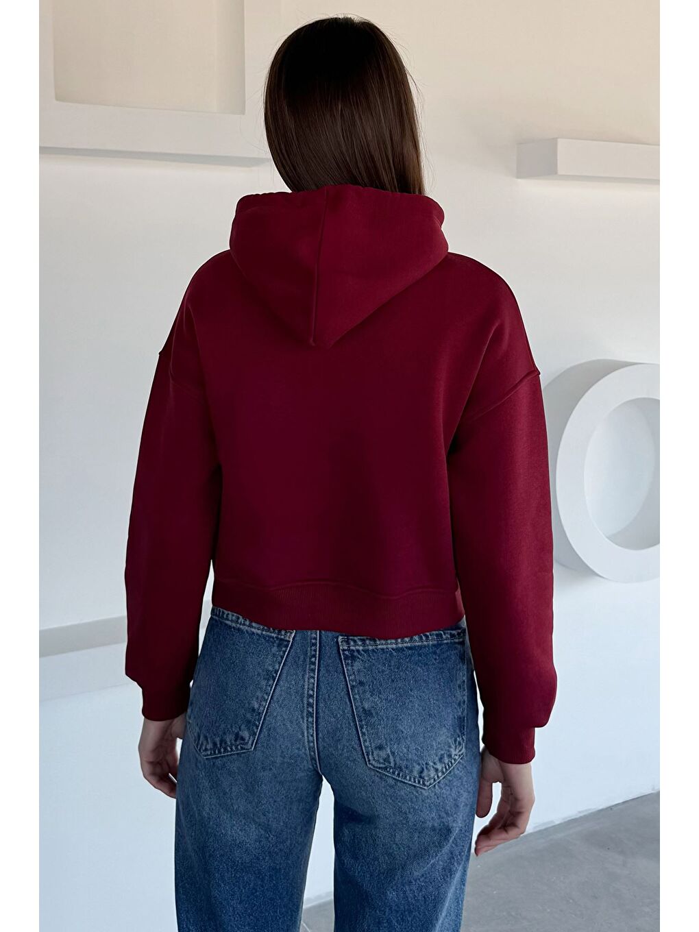 Bordo Kadın Kapüşonlu Üç İplik Şardonlu Crop Top Sweatshirt-3