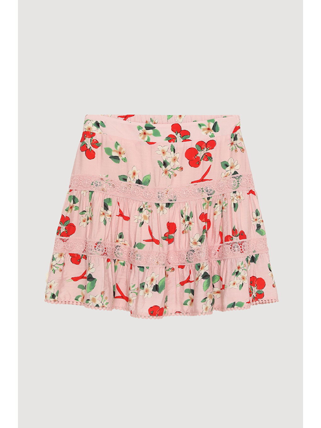 Kiraz Desenli Volanlı Mini Etek Pembe