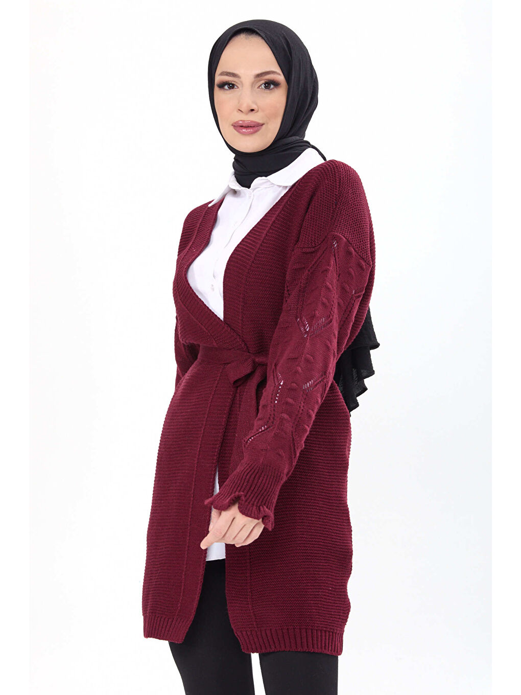 Kemerli Kolu İşlemeli Triko Hırka Bordo - 27631