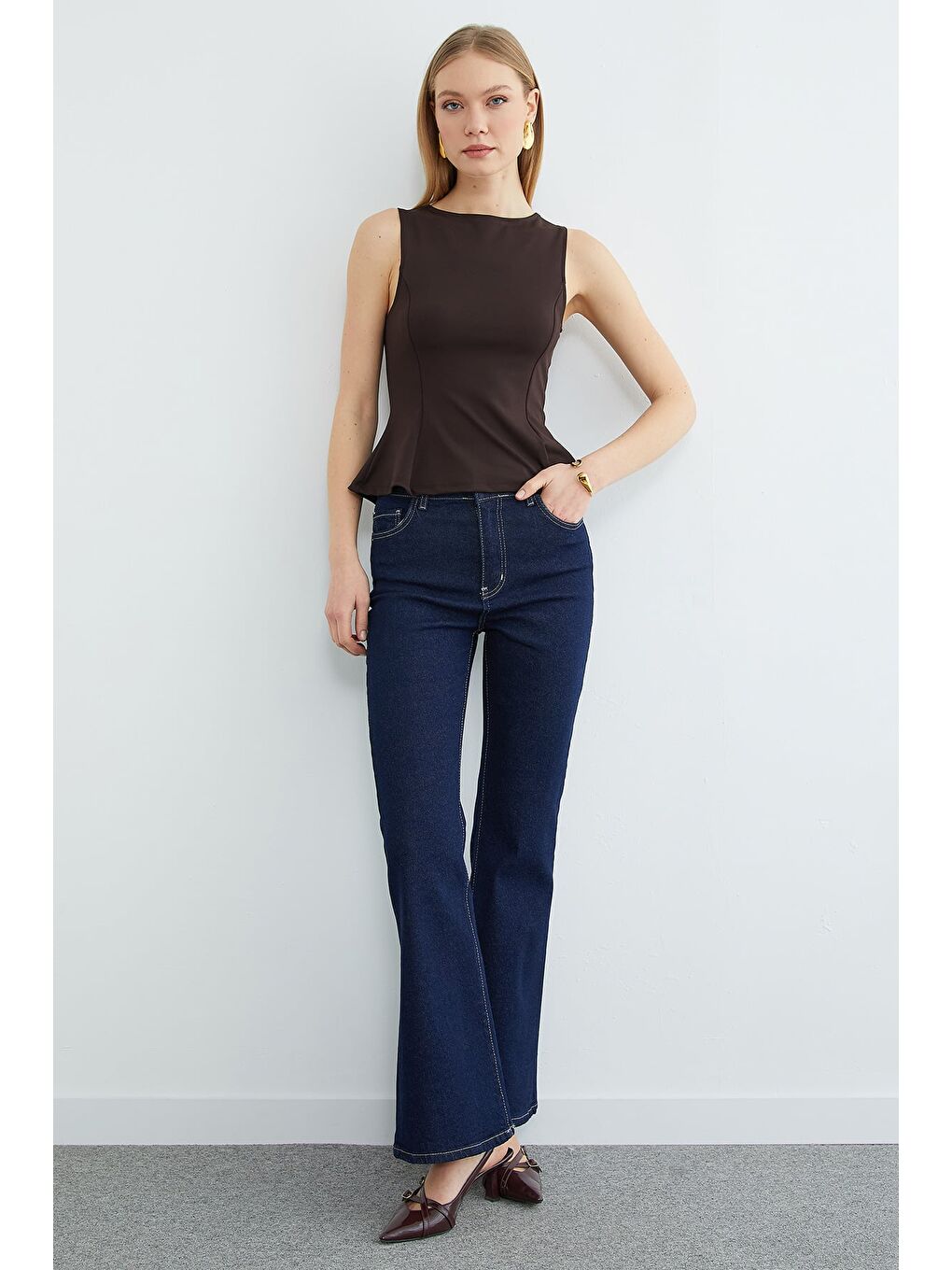 Lacivert Yüksek Bel Fermuarlı Flare Jean