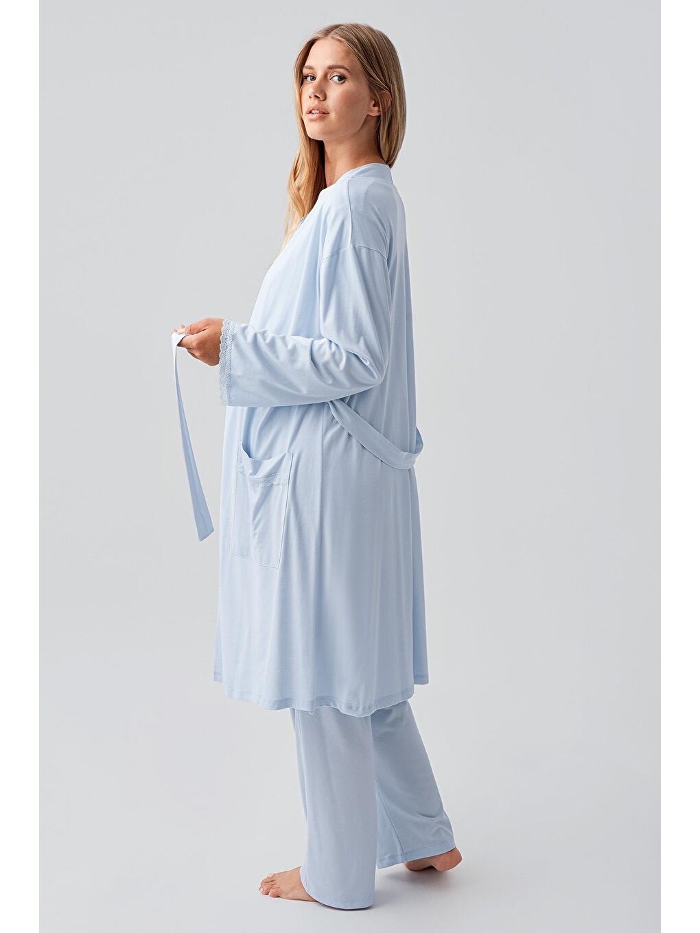 Mavi Uzun Kollu Düğmeli Esnek Viskoz Hamile Sabahlık Pijama Takım 18302-2