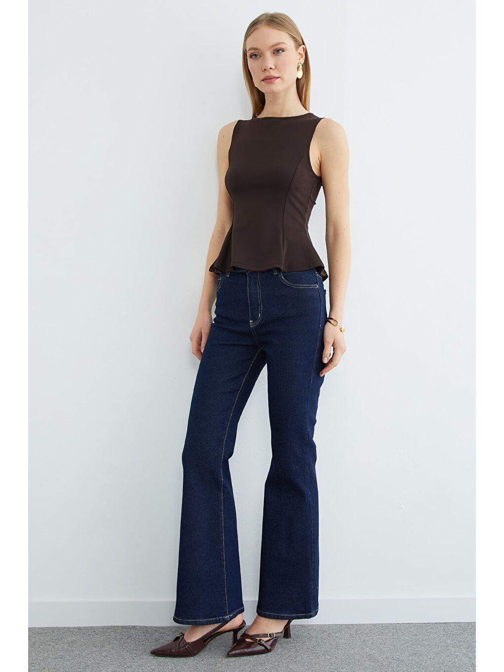 Lacivert Yüksek Bel Fermuarlı Flare Jean-1